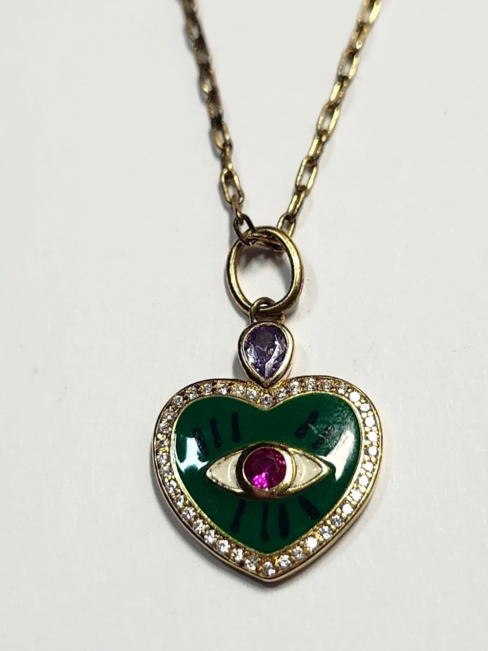 Gold Vermeil Sterling Green Heart Evil Eye Pendant Necklace w/ Ruby Center Stone